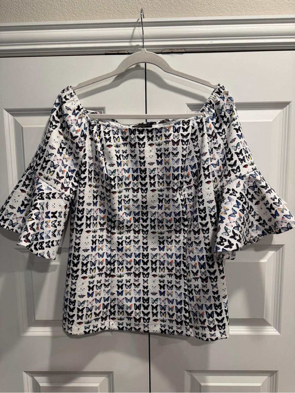 Alberto Malaki White Butterfly-Print Off-Shoulder Top